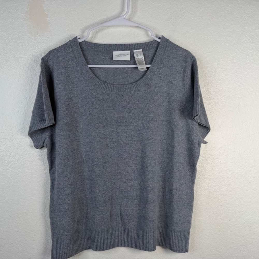 Liz Claiborne Sweater Women's Gray Sz XL Short Sleeves Lambs Wool Cashmere Blend